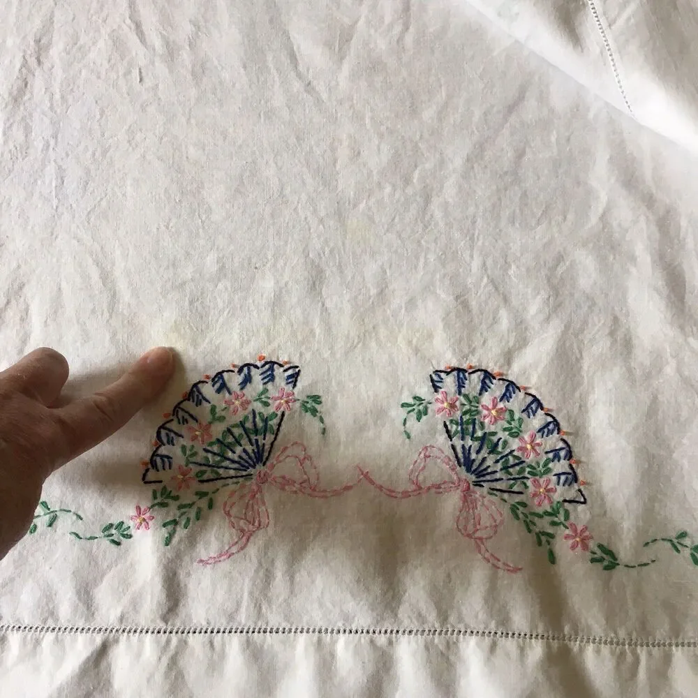 Vintage Hand Embroidered Pillow Cases - Fans - Standard size